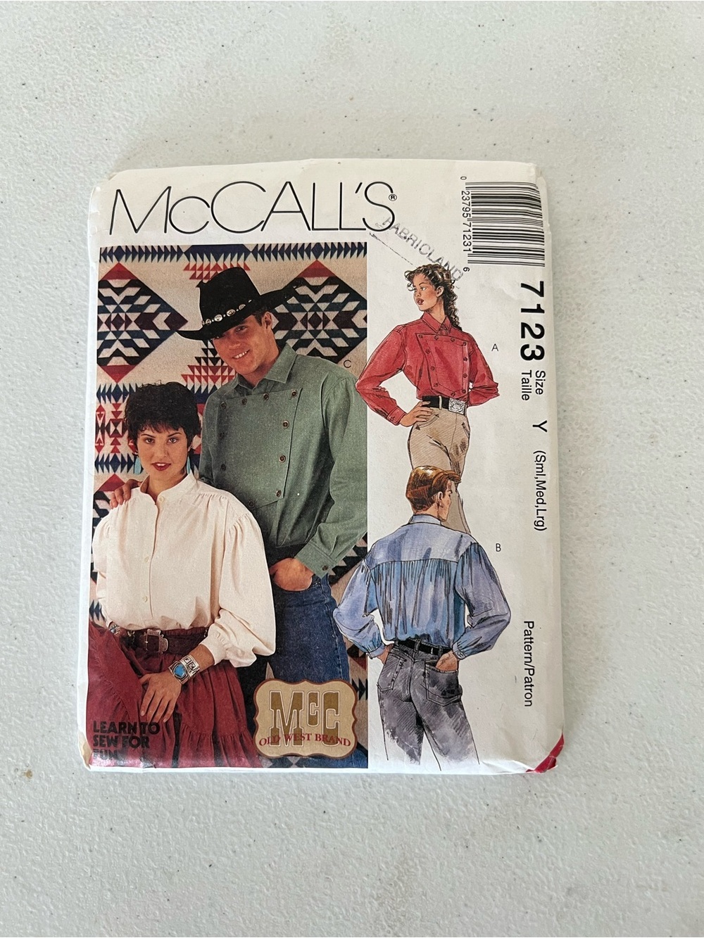 Vintage McCall’s 7123 Western Shirt Sewing Pattern S-XL